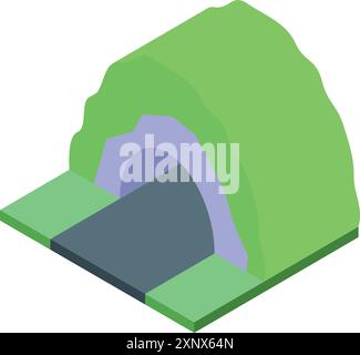 Icona isometrica che rappresenta una strada che passa attraverso un tunnel in una montagna ricoperta di erba verde Illustrazione Vettoriale