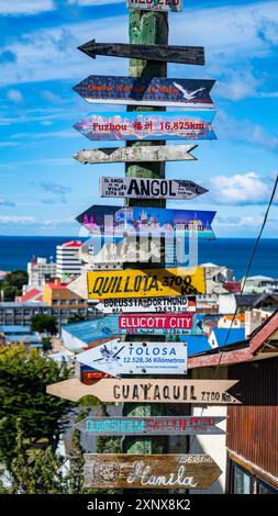 Worldwide Signs, Punta Arenas, Patagonia, Cile, Sud America Copyright: MichaelxRunkel 1184-12481 Foto Stock