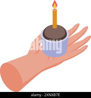 La mano regge una piccola torta di compleanno con una candela in fiamme Illustrazione Vettoriale