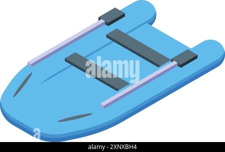 La barca gonfiabile blu con remi si trova su uno sfondo bianco Illustrazione Vettoriale