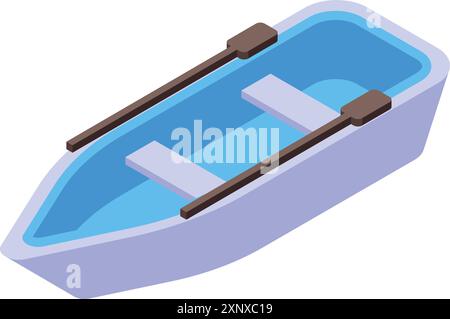 Piccola barca a remi galleggiante sull'acqua, vista isometrica della barca da pesca per il lago o il fiume Illustrazione Vettoriale