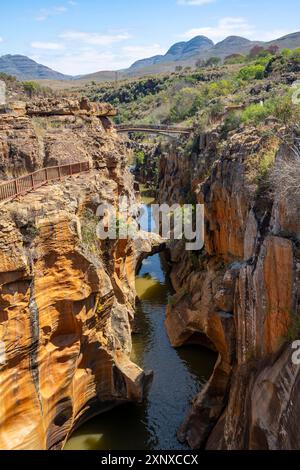 Passeggia su un canyon con ripide scogliere color arancione e il fiume Blyde, Bourke's Luck Potholes, Panorama Route, Mpumalanga, Sudafrica Foto Stock