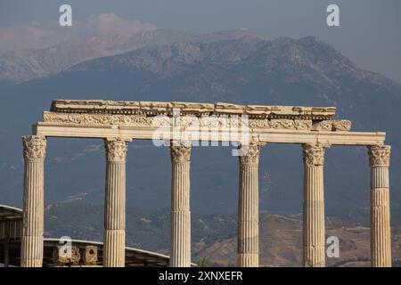 2 agosto 2024: Denizli, Turkiye il 2 agosto 2024: Viste dall'antica città unica di Laodicea dal periodo dell'Impero Romano. Laodikeia si trova sul lato sud del fiume Lycus, 6 km a nord di Denizli. La città era chiamata ''Laodikeia ai margini del Lycus'' nelle fonti antiche. Secondo altre fonti antiche, la città fu fondata da Antioco II nel 263-261 a.C. e prende il nome dalla moglie di Antioco. (Credit Image: © Tolga Ildun/ZUMA Press Wire) SOLO PER USO EDITORIALE! Non per USO commerciale! Foto Stock