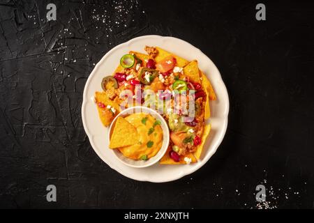 Nachos messicani con peperoncino con carne, guacamole e salsa al formaggio, colpo d'testa su sfondo nero Foto Stock