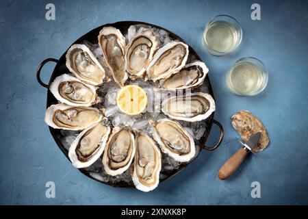 Ostriche con vino bianco e un coltello da shucking, sparate dall'alto su uno sfondo blu Foto Stock