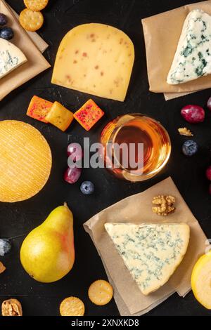 Vino, formaggio e frutta, colpo superiore su sfondo nero Foto Stock