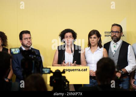 Barcellona, Spagna. 2 agosto 2024. Conferenza stampa di Esquerra per valutare il risultato della consultazione con i membri della base, che hanno votato a favore, e quindi ci sarà l'investitura di Salvador Illa in Catalogna. Rueda de prensa de Esquerra para valorar el ,tado de la consulta a las bases, que han votado que S&#xed; y, por tanto, habrá investidura de Salvador Illa en Catalu&#xf1;a.. IN PIC: Marta Rovira, pere aragones News Politics -Barcellona, Spagna giovedì 2 agosto 2024 (foto di Eric Renom/LaPresse) crediti: LaPresse/Alamy Live News Foto Stock