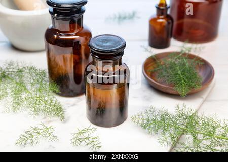 Olio essenziale di finocchio su bottiglie ambrate. Olio di erbe per la cura della pelle, aromaterapia e medicina naturale Foto Stock