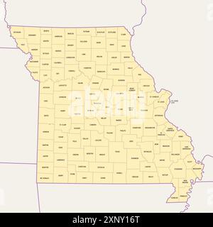 Missouri, suddiviso in 114 contee e la città indipendente St. Louis, mappa politica. Stato nella regione Midwest degli Stati Uniti. Foto Stock