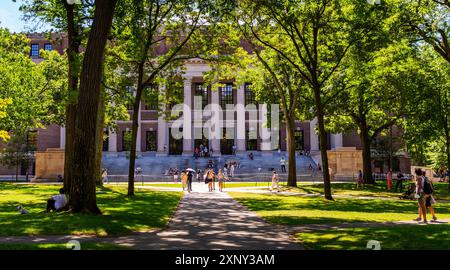 Cambridge, Massachusetts, Stati Uniti - 19 agosto 2022: Un Harvard Yard accovacciato in un giorno d'estate, l'edificio della Widener Library sullo sfondo. Harry El Foto Stock