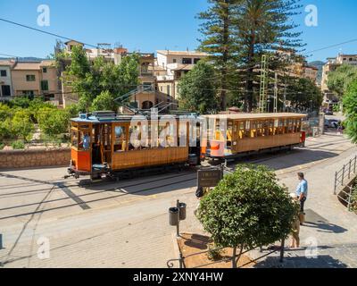 Storico tram di legno a Soller, Maiorca, Isole Baleari, Spagna Foto Stock