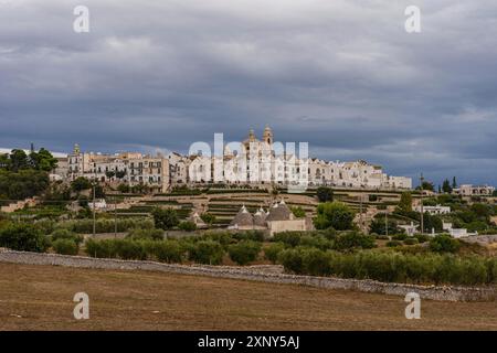 Vista dello skyline di Locortondo in Puglia da un campo di ulivo Foto Stock