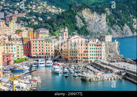 Le case colorate del villaggio marino di Camogli su La Riviera italiana vicino a Portofino Foto Stock