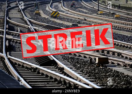 Testo tedesco Streik (sciopero) su molti binari ferroviari e interruttori, concetto sindacale per una retribuzione equa e condizioni di lavoro nella Foto Stock