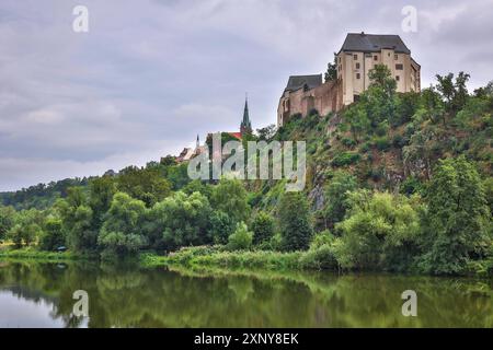 Burg Mildenstein a Leisnig. 02.08.2024, Leisnig, GER - Burg Mildenstein und die Freiberger Mulde., Leisnig Sachsen Deutschland, DEU Burg Mildenstein *** Castello di Mildenstein a Leisnig 02 08 2024, Leisnig, Castello di GER Mildenstein e Freiberger Mulde, Leisnig Sassonia Germania, Castello di DEU Mildenstein Foto Stock