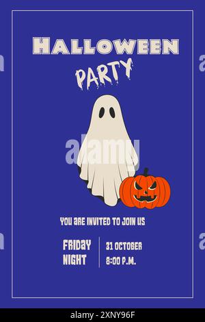Poster, invito alla festa di Halloween retrò. Fantasma e zucca. Illustrazione vettoriale scanalata Illustrazione Vettoriale
