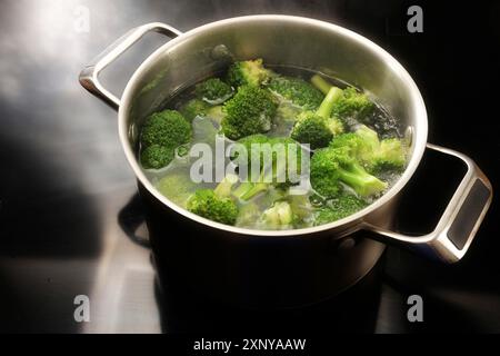 Cuocere i broccoli in acqua bollente in una pentola di acciaio inossidabile sul piano cottura nero in cucina, preparazione per un pasto vegetale sano, copia spazio Foto Stock