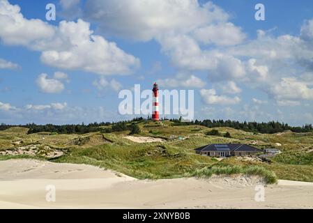 Faro di Amrum sulla grande duna, Wittduen, Amrum, Frisia settentrionale, Frisia settentrionale, Schleswig-Holstein, Germania Foto Stock