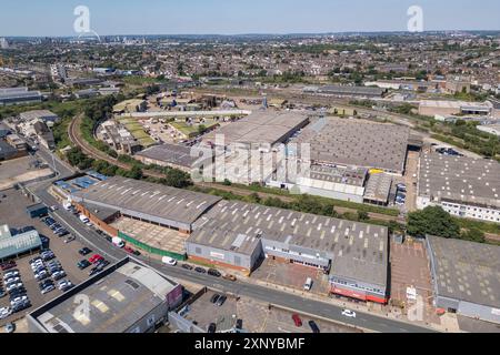 Vista aerea generale del sito di auto usate CarGiant, Londra, Regno Unito. Foto Stock