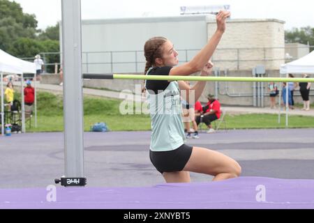 Londra, Canada. 2 agosto 2024. La Western University ospita eventi di atletica leggera alle partite estive dell'Ontario 2024. Frances Vollett vince l'evento High Jump saltando 1,61 m. Crediti: Luke Durda/Alamy Live News Foto Stock