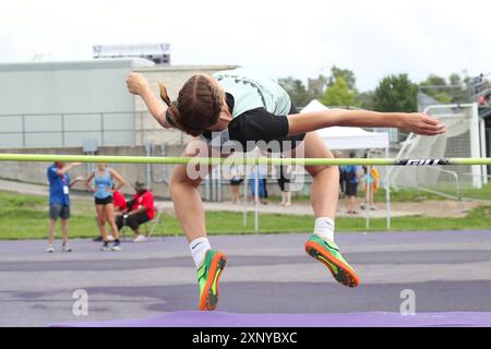 Londra, Canada. 2 agosto 2024. La Western University ospita eventi di atletica leggera alle partite estive dell'Ontario 2024. Frances Vollett vince l'evento High Jump saltando 1,61 m. Crediti: Luke Durda/Alamy Live News Foto Stock