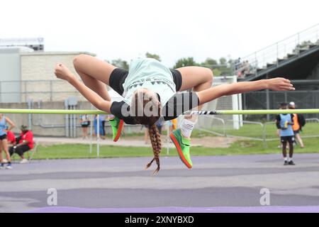 Londra, Canada. 2 agosto 2024. La Western University ospita eventi di atletica leggera alle partite estive dell'Ontario 2024. Frances Vollett vince l'evento High Jump saltando 1,61 m. Crediti: Luke Durda/Alamy Live News Foto Stock