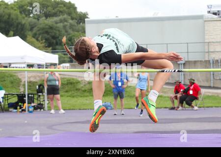 Londra, Canada. 2 agosto 2024. La Western University ospita eventi di atletica leggera alle partite estive dell'Ontario 2024. Frances Vollett vince l'evento High Jump saltando 1,61 m. Crediti: Luke Durda/Alamy Live News Foto Stock