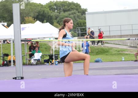 Londra, Canada. 2 agosto 2024. La Western University ospita eventi di atletica leggera alle partite estive dell'Ontario 2024. Callie Aldridge conquista il secondo posto nell'evento di salto in alto di 1,45 m. Crediti: Luke Durda/Alamy Live News Foto Stock
