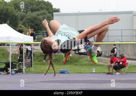Londra, Canada. 2 agosto 2024. La Western University ospita eventi di atletica leggera alle partite estive dell'Ontario 2024. Frances Vollett vince l'evento High Jump saltando 1,61 m. Crediti: Luke Durda/Alamy Live News Foto Stock