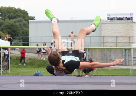 Londra, Canada. 2 agosto 2024. La Western University ospita eventi di atletica leggera alle partite estive dell'Ontario 2024. Frances Vollett vince l'evento High Jump saltando 1,61 m. Crediti: Luke Durda/Alamy Live News Foto Stock