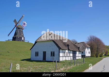 Una casa con un tetto di paglia e un mulino a vento su una strada rurale sotto un cielo blu, Manor Route, Skovsgaard, Langeland, Danimarca Foto Stock