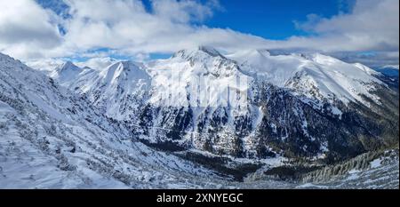 Vista panoramica aerea sulle montagne Pirin con cime rocciose ricoperte di neve. Vista invernale della stazione sciistica di Bansko in Bulgaria Foto Stock