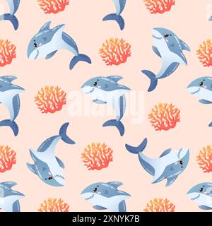 Colorato motivo senza cuciture con simpatico squalo cartoni animati e corallo su sfondo pesca. Illustrazione vettoriale Illustrazione Vettoriale