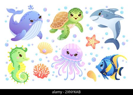 Set di animali marini con una graziosa balena, tartaruga, squalo, cavalluccio marino, meduse e pesci. Illustrazione vettoriale disegnata a mano Illustrazione Vettoriale