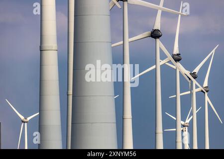 Parchi eolici Westereems e Growind, per un totale di oltre 80 turbine eoliche, presso il porto di Eemshaven, provincia di Groningen, a nord-ovest del Foto Stock