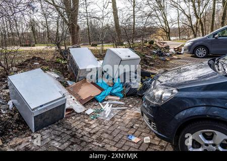 Smaltimento illegale dei rifiuti in un parcheggio, in una zona boscosa, pneumatici, mobili, frigoriferi, rifiuti domestici, lattine di petrolio, Oberhausen Nord Foto Stock