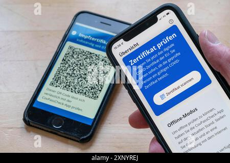 App CovPassCheck, per controllare il certificato di vaccinazione digitale, su uno smartphone, vaccinazioni contro il virus corona, Covid-19, prova di Foto Stock