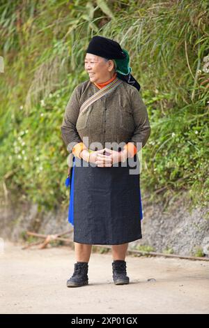 Donna vietnamita, 69 anni, della minoranza Hmong nei vestiti di tutti i giorni, villaggio di Bac Sum, provincia di ha Giang, Vietnam Foto Stock