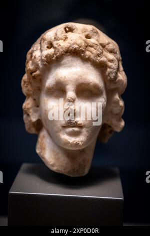 Capo di Alessandro Magno, marmo, dinastia macedone, regno di Alessandro Magno, granito, 332-323 a.C., Tempio di Afrodite, Cirene, Libia Foto Stock