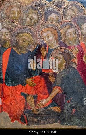 Lavaggio dei piedi degli apostoli da parte di Gesù, predella della passione del Signore, Francesc comes, 1390-1415, tempera su legno, monastero di Puig de Foto Stock