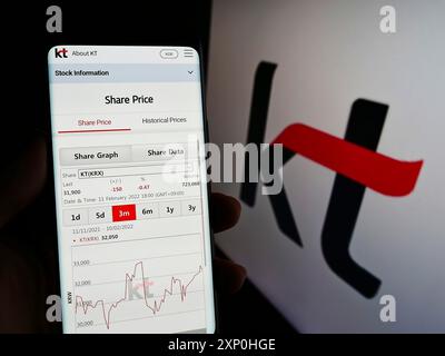 Stoccarda, Germania, 02-11-2022: Persona che detiene uno smartphone con il sito web della società di telecomunicazioni KT Corporation sullo schermo davanti al logo. Concentrati Foto Stock