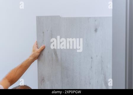 Installazione di pannelli laminati a parete presso la sala durante la ricostruzione Foto Stock