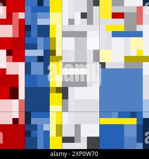 Motivo astratto con colori rosso, bianco, blu, giallo e nero sullo sfondo. Illustrazione Vettoriale