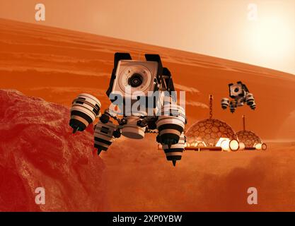 Droni che volano su Marte, illustrazione. Foto Stock