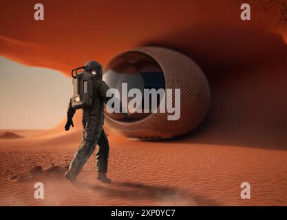 Astronauta che cammina verso una dimora su Marte, illustrazione. Foto Stock