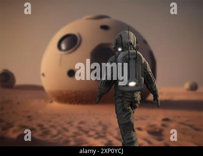 Astronauta che cammina verso una dimora su Marte, illustrazione. Foto Stock