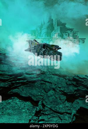 Navetta che sorvola il complesso industriale sull'asteroide, illustrazione. Foto Stock