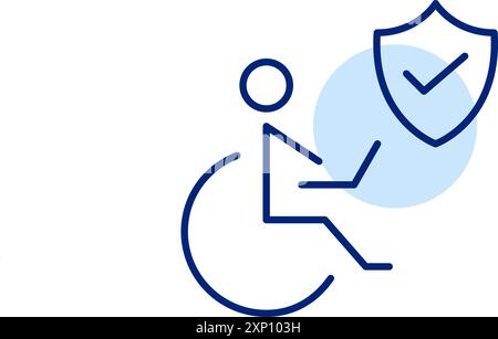 Persona disabile che lavora al computer portatile in sedia a rotelle e scudo di sicurezza con segno di spunta. Sicurezza e protezione sul lavoro. Pixel Perfect, icona traccia modificabile Illustrazione Vettoriale