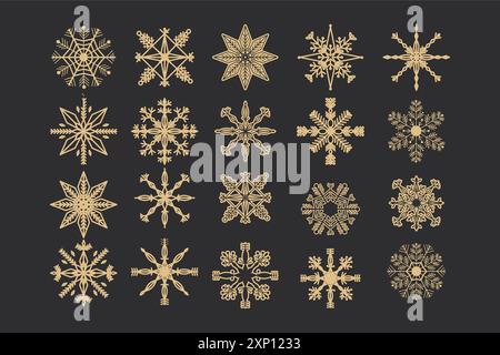 Set cristallo di fiocco di neve dorato linea elegante decorazione natalizia su sfondo scuro, elemento congelato collezione ornamento invernale. Illustrazione vettoriale Illustrazione Vettoriale
