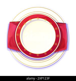 Piatto di festa, piatto luminoso vuoto vista dall'alto con stelle dorate, ornamento bordo decorazione di Natale, tovagliolo festivo in stile cartone animato isolato su sfondo bianco. Illustrazione vettoriale Illustrazione Vettoriale